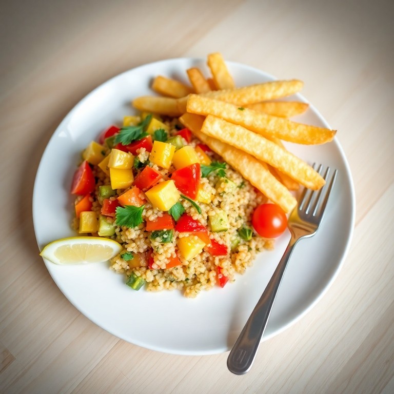 Bunte Quinoa-Gemüse-Pfanne als Beilage zu Pommes