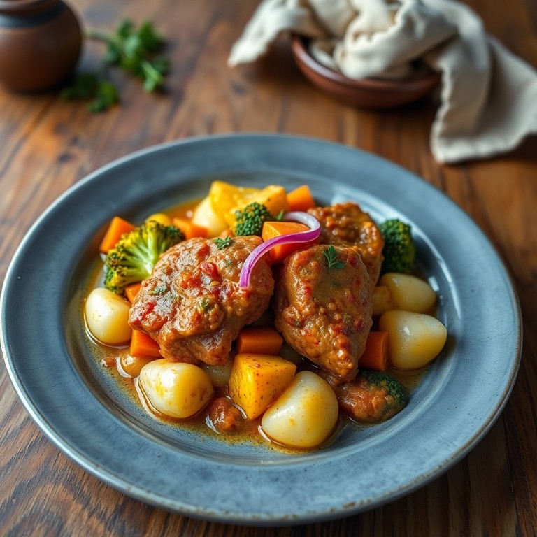 Groentecurry met langzaam gegaarde varkenskarbonade en gekookte aardappels