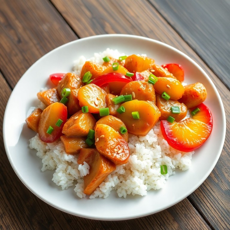 Zoete Kip met Perzik en Rijst in Aziatische Stijl