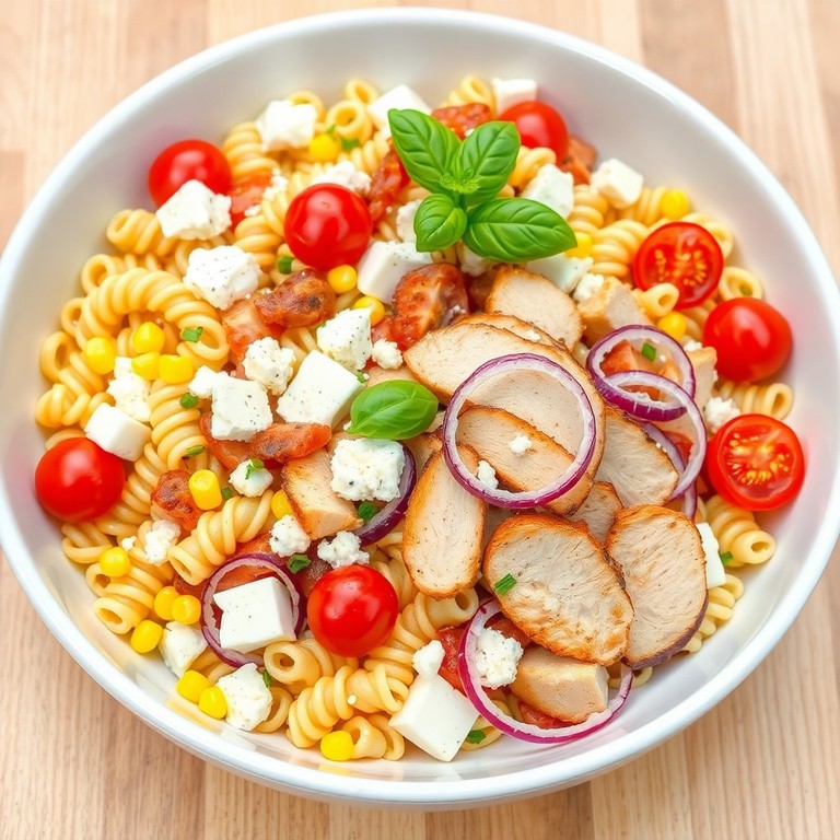 Salade de pâtes froides aux œufs, maïs et feta