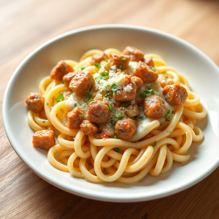 Макароны по-итальянски с соусом из творога и сосисок