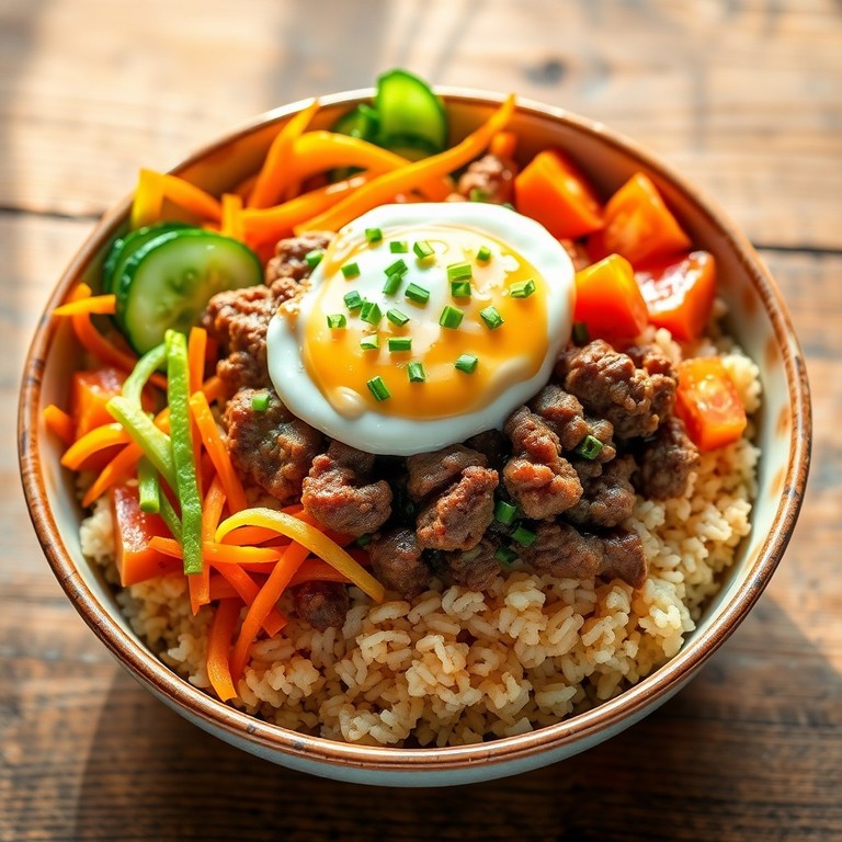 Bowl de Steak Haché aux Légumes Croquants et Riz Intégral