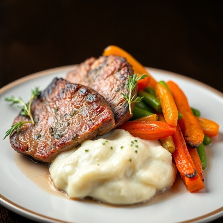 Geroosterde biefstuk met aardappelpurée, rozemarijn en geroosterde groenten