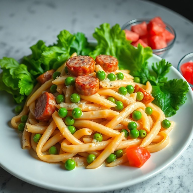 Pâtes aux saucisses et petits pois en sauce légère