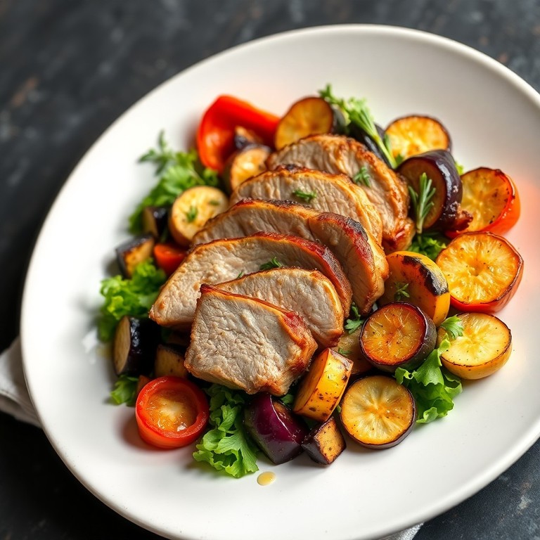 Ensalada Tibia de Costillas de Cerdo y Verduras Asadas
