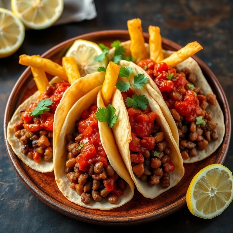 Tacos de Lentejas con Salsa de Tomate y Patatas Fritas