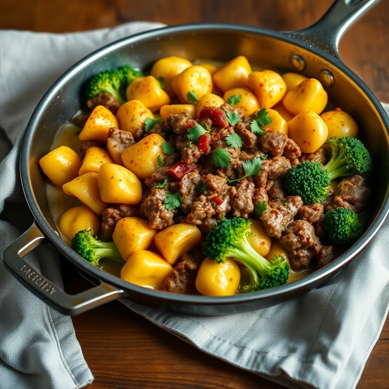 Herzhafte Gnocchi-Pfanne mit Rinderhack und Brokkoli