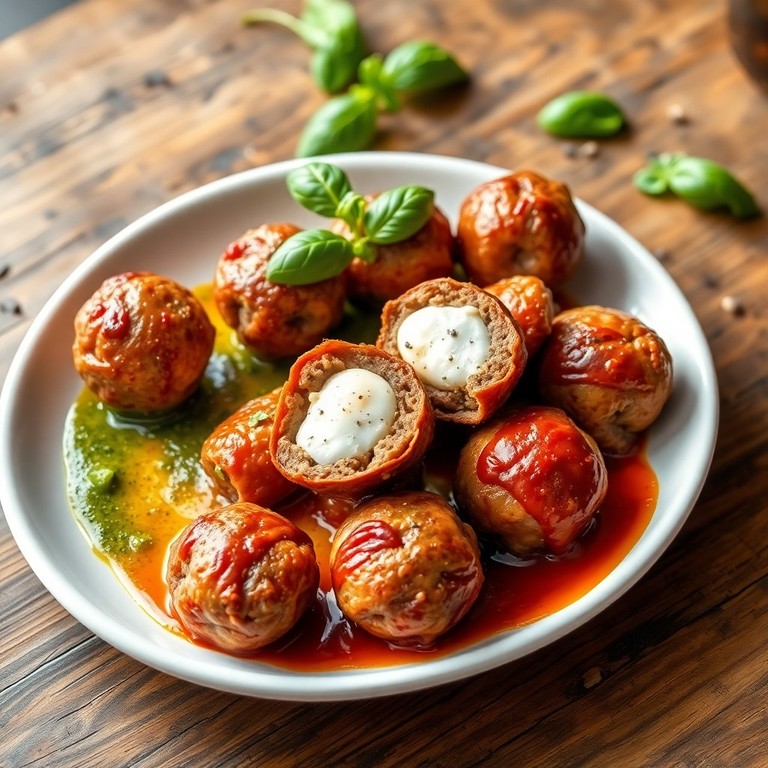 Polpette Ripiene di Manzo con Cuore di Formaggio e Salsa alla Burrata e Pesto
