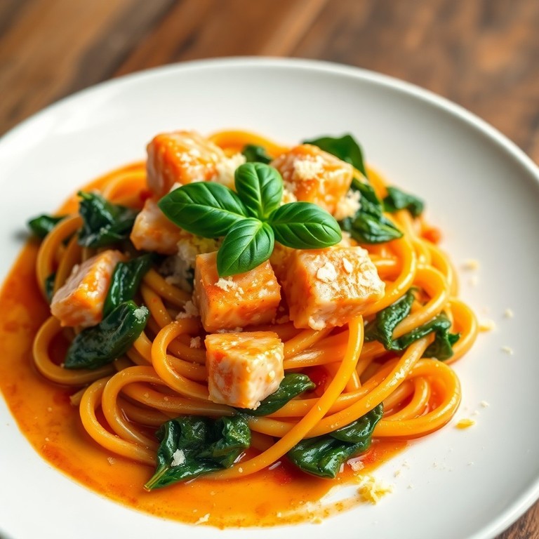 Lachs-Pasta mit cremiger Tomatensauce und frischem Spinat