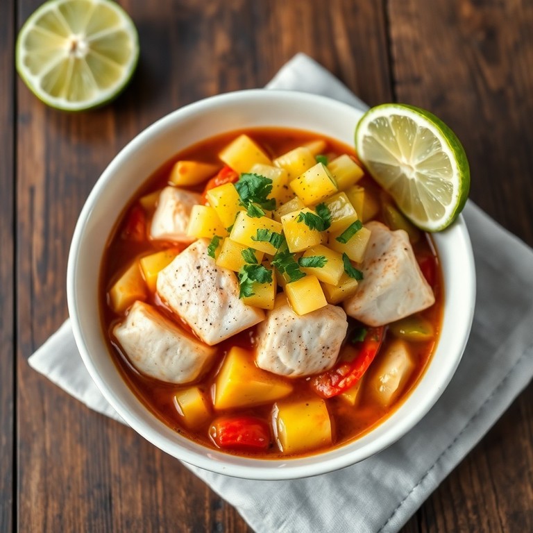 Ensopado de Tilápia com Mandioca ao Estilo Caribenho e Salsa de Abacaxi