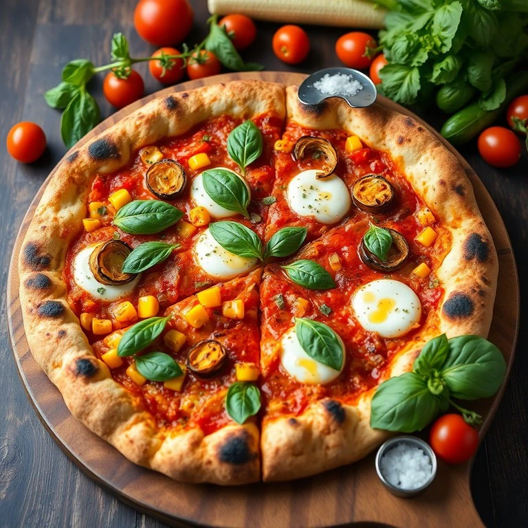 Vegetarische Grillpizza mit gegrilltem Mais, Auberginen und Zwiebeln