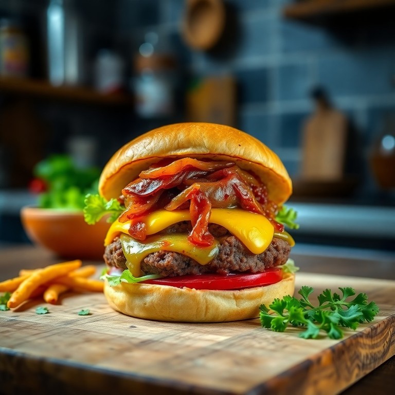Hambúrguer de Carne e Calabresa com Queijo e Geleia Caseira de Pimenta Malagueta com Cebola