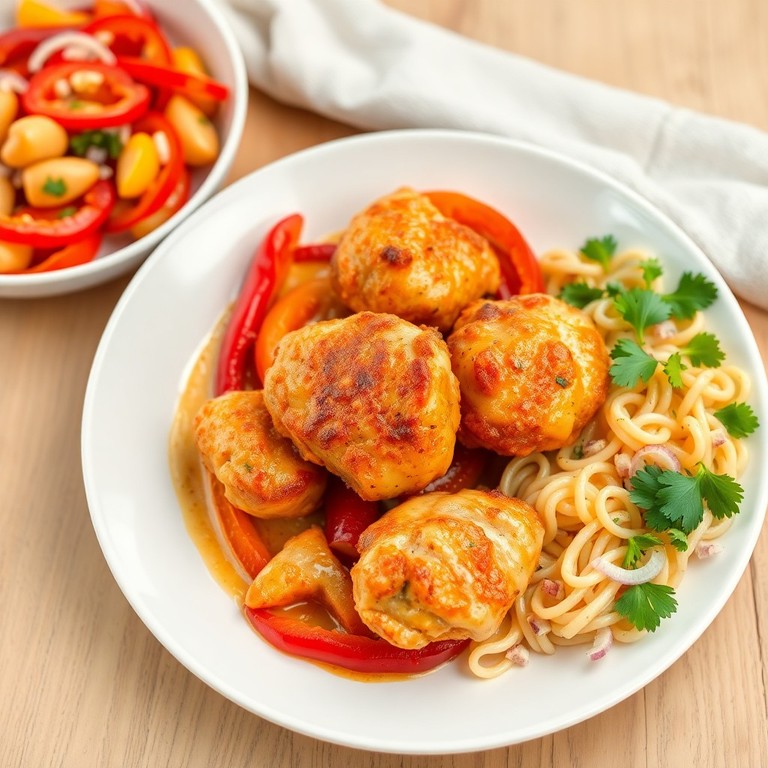 Knuspriges Chicken-Paprika-Pfannengericht mit aromatischem Nudelsalat