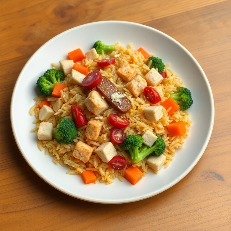 Arroz frito con pollo, chorizo y verduras