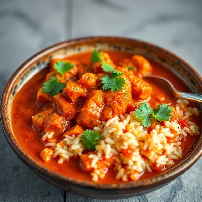 Curry de tomate y leche de coco con arroz aromático