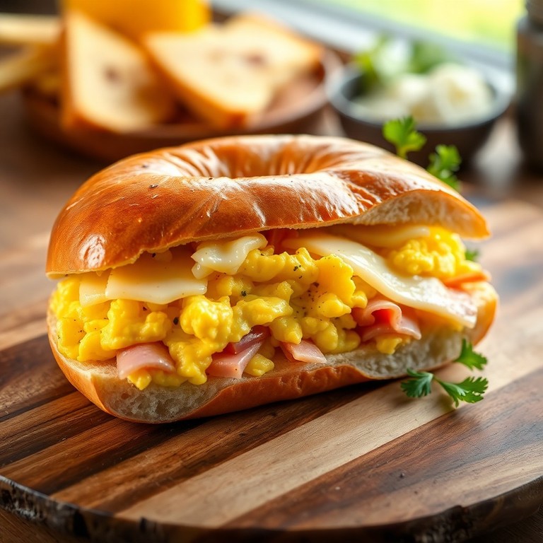 Bagel relleno de jamón, queso y huevo en forma de sándwich