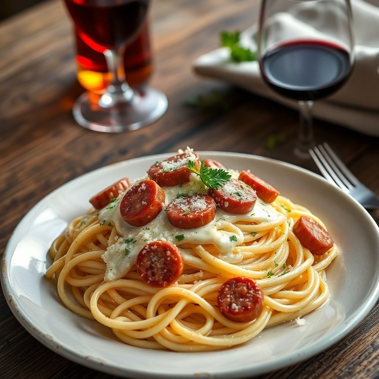 Espaguete à italiana com linguiça de churrasco