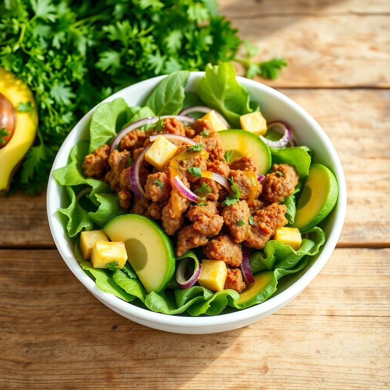 Klassischer grüner Salat mit Zitrus-Vinaigrette und frischem Hackfleisch