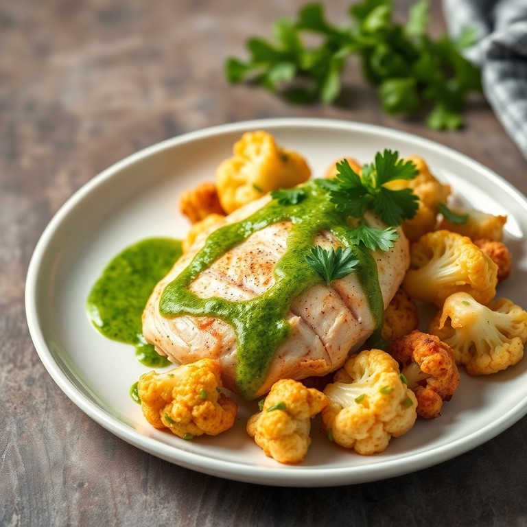 Baked Chicken Breast with Roasted Cauliflower and Cilantro Lime Sauce