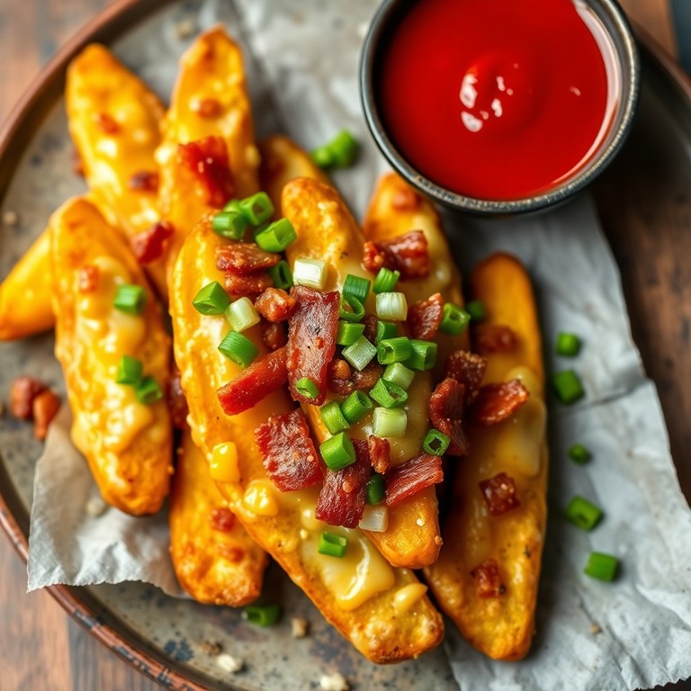 Cheesy Bacon Potato Wedges with Raspberry Cilantro Sauce