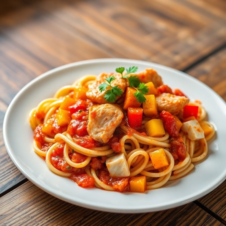 Паста с куриным филе и болгарским перцем в томатном соусе