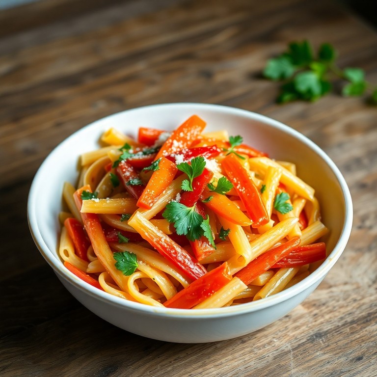 Pâtes méditerranéennes aux poivrons et carottes sautées