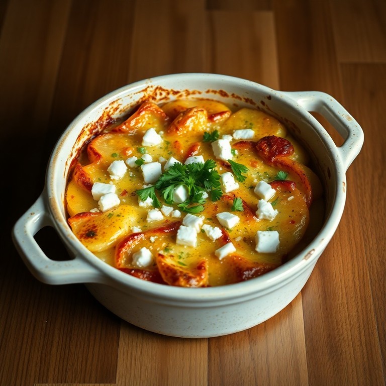 Überbackene Hühnchen-Kartoffelgratin mit Feta