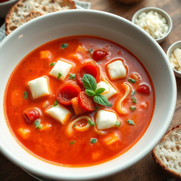 Creamy Tomato Mozzarella Soup with Mini Pepperoni and Vermicelli