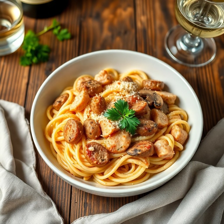 Guiso Italiano de Tallarines con Salchicha y Champiñones