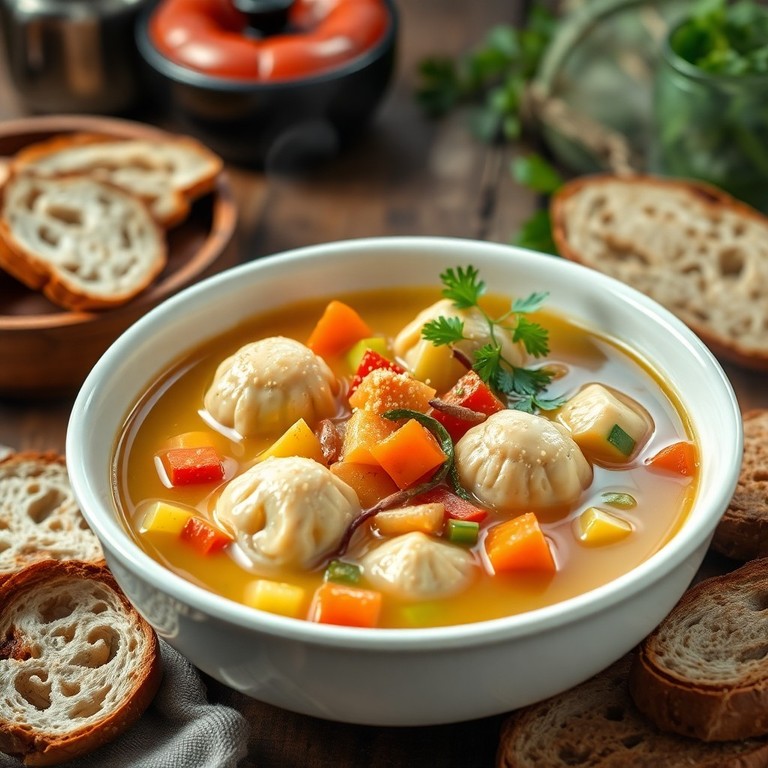 Maultaschen-Suppe mit buntem Gemüse