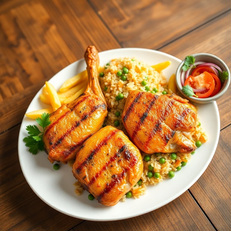 Pollo a la parrilla con arroz aromático y papas fritas crujientes