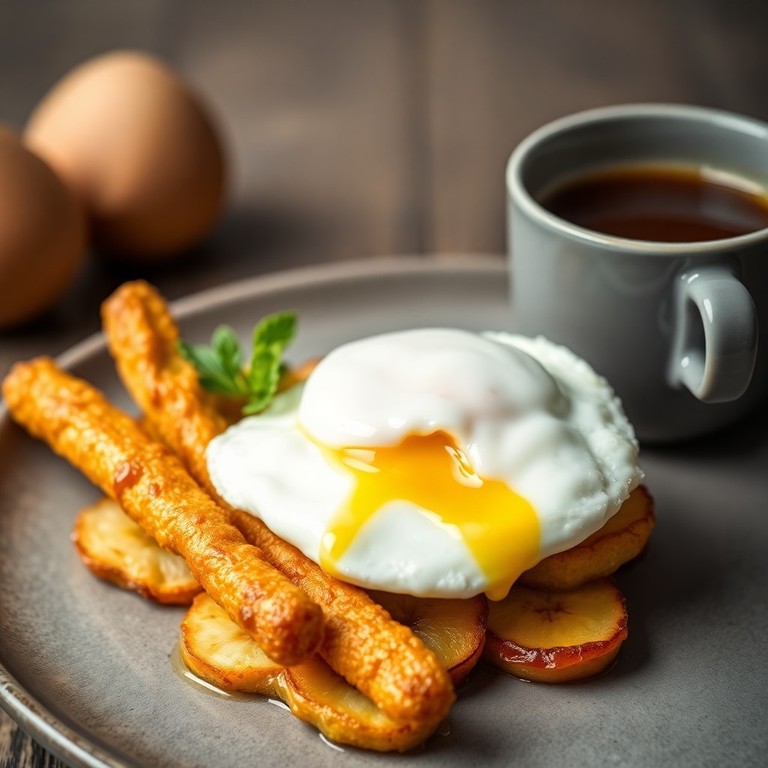 Desayuno Inglés Completo con Plátanos Fritos Realistas y Café en Plato y Taza Grises