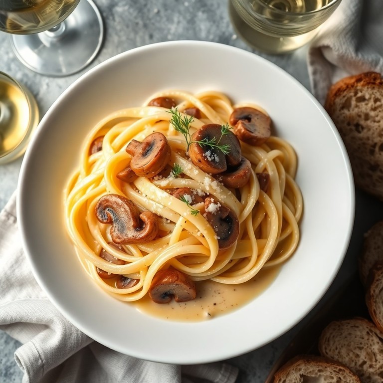 Pilz-Ragout mit Pasta in Weißwein-Dill-Sauce