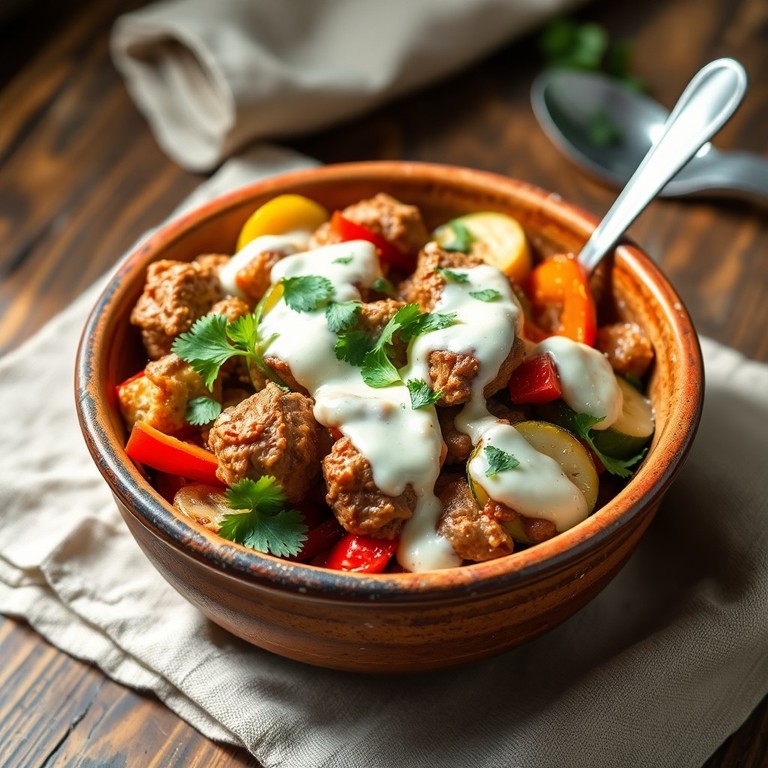 Carne Palomita y Verduras en Salsa de Yogur en Una Olla