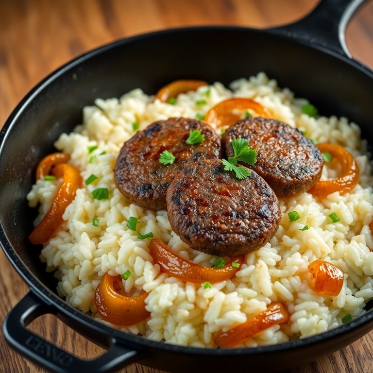 Arroz Cremoso com Hambúrguer e Cebola na Panela Única