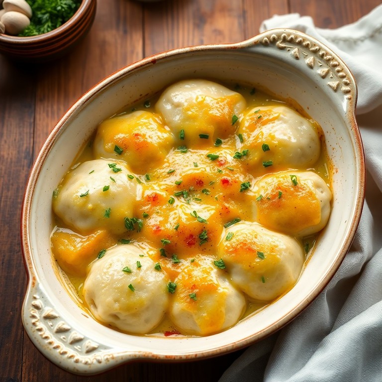 Запечённые пельмени с сыром и травами