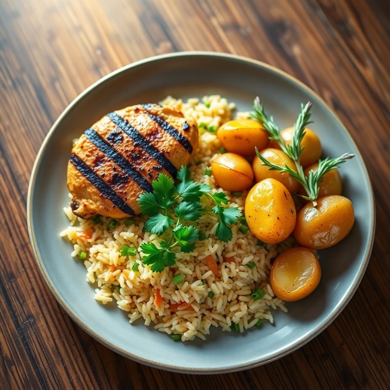 Pechuga de pollo a la parrilla con arroz aromático y papas asadas