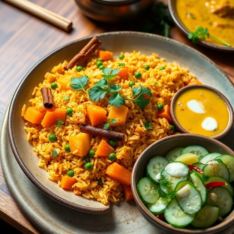 Indisches Bauern-Biryani aus dem Schnellkochtopf mit Dal und Knoblauch-Gurkensalat
