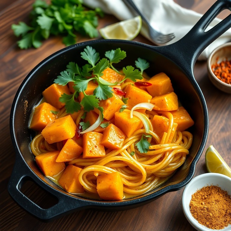 Geröstete Kürbis-Nudelpfanne mit Curry