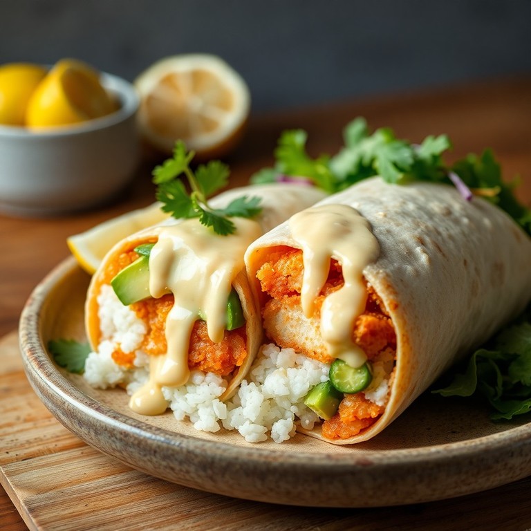 Burrito de riz et poisson pané à la crème