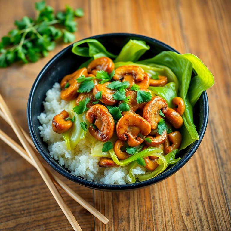 Asiatische Chinakohl-Reispfanne mit Pilzen und Ei