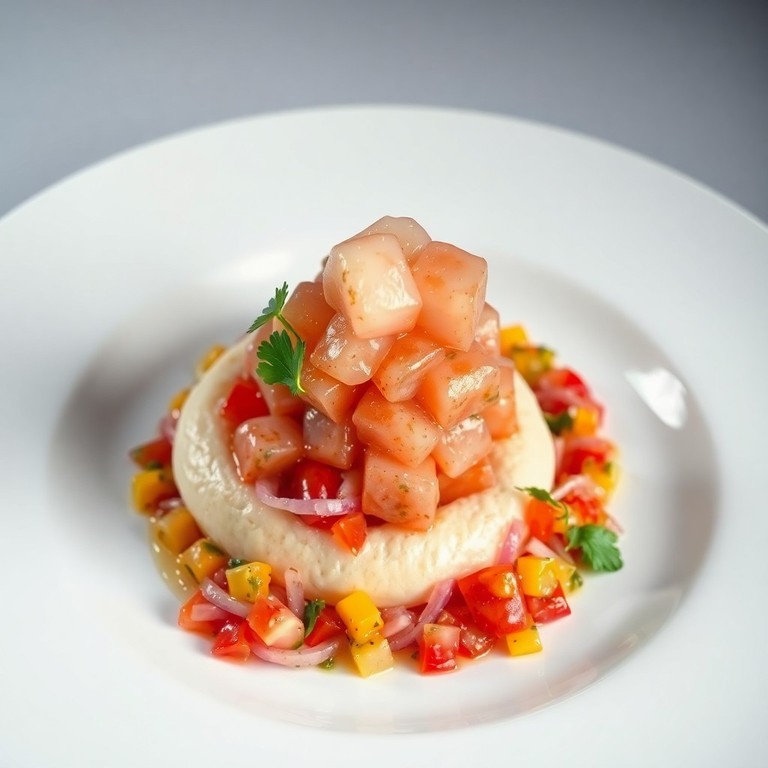 Tartar de Corvina con Puré de Yuca y Salsa Criolla