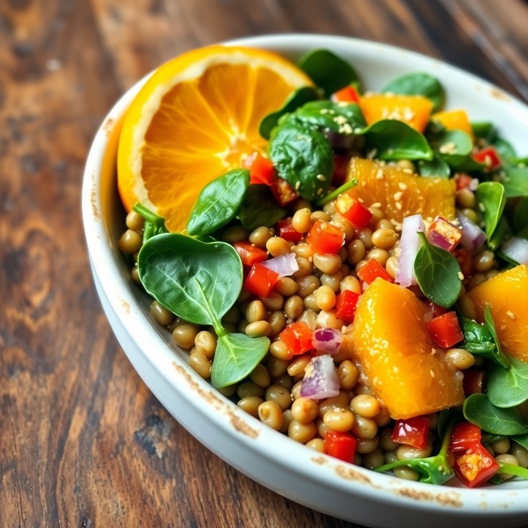 Ensalada de lentejas y espinacas con vinagreta de cítricos