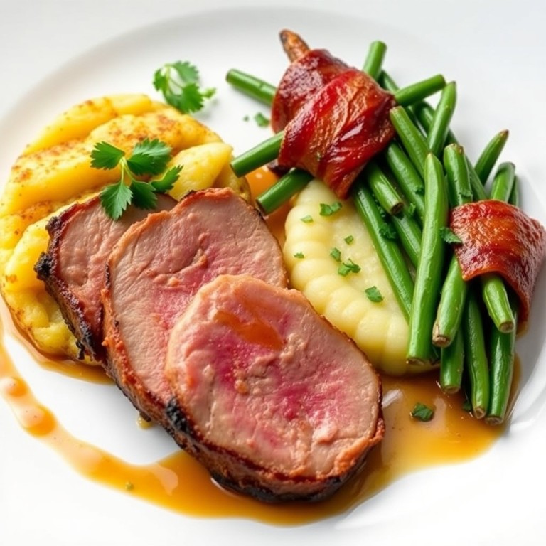 Iberische Presa mit knusprigem Rösti und Bohnen im Speckmantel