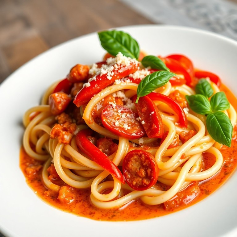 Pâtes crémeuses au chorizo, poivrons et pesto rosso