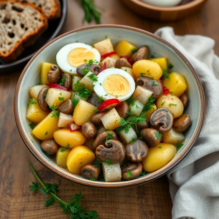 Zemnieku sēneles un Kartoffu salāti (Erdäpfel- und Pilzsalat)
