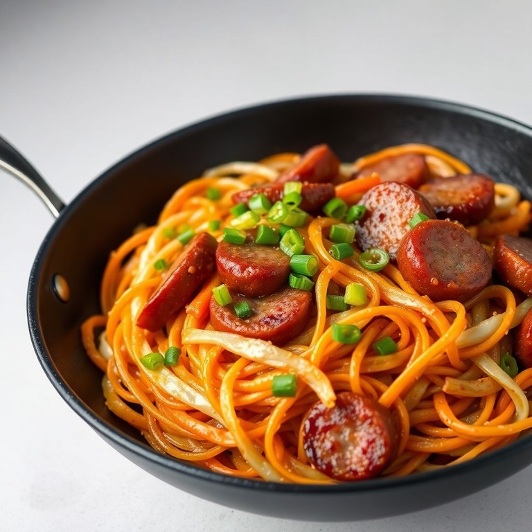 Stir-Fry de Legumes e Calabresa com Macarrão