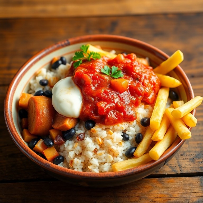 Refogado de Arroz, Feijão Preto e Cará com Molho de Tomate