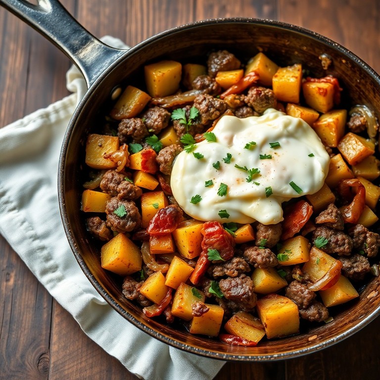 Poêlée mêlée de viande hachée, légumes et œufs brouillés