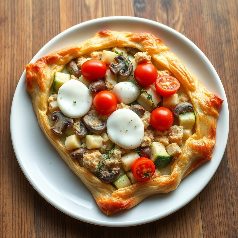Tarta salada de pollo, calabaza y champiñones